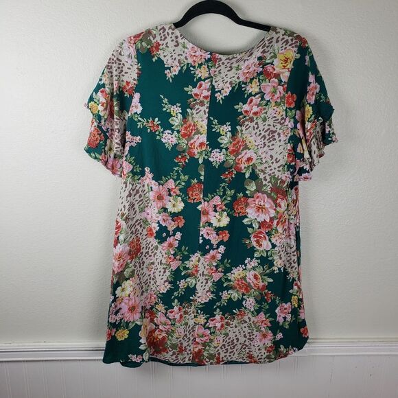 Andree by unit v-neck Teal pink floral dress tunic top size large - Picture 9 of 11